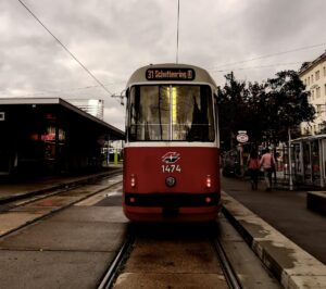 Photo of a tram in rainy vienna